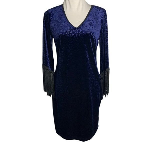 Spense Dresses & Skirts - Spense Burnout Velvet Shift Dress 8 Blue Burnout Half Sleeve Fringe Goth